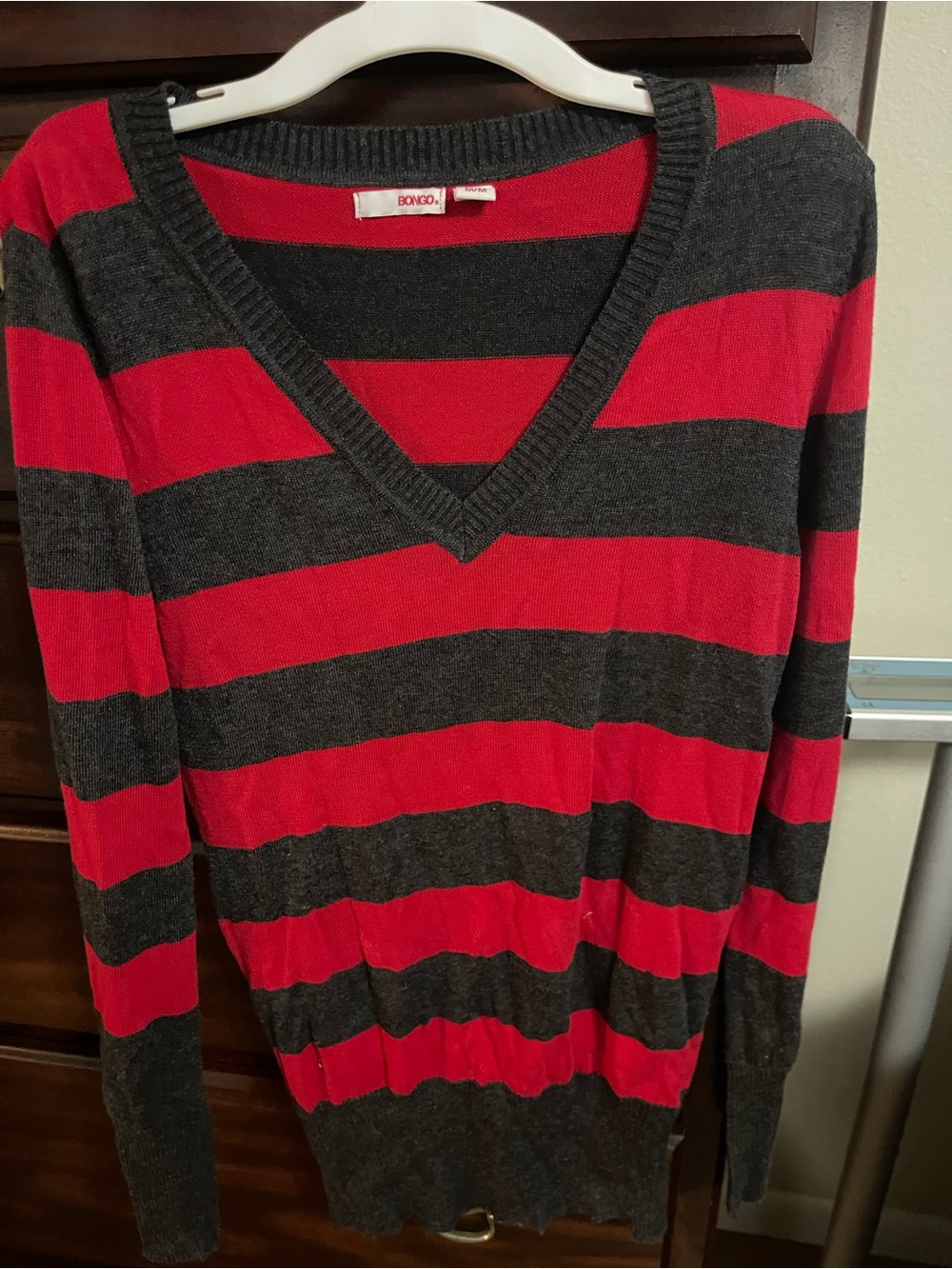 BONGO Red and Charcoal Striped V-Neck Sweater